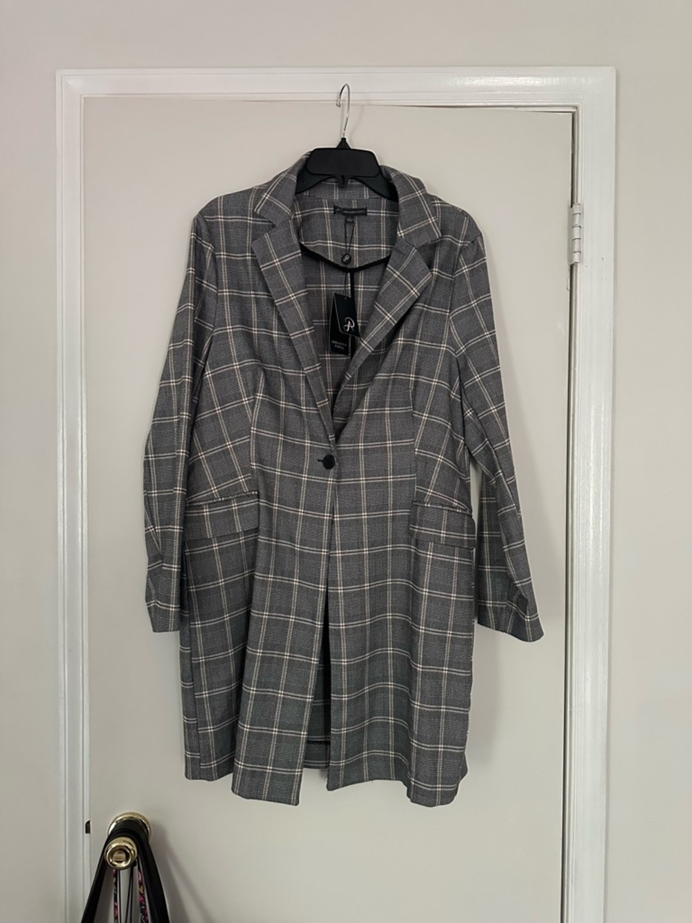 Adrianna Papell Gray Plaid Single-Button Longline Blazer